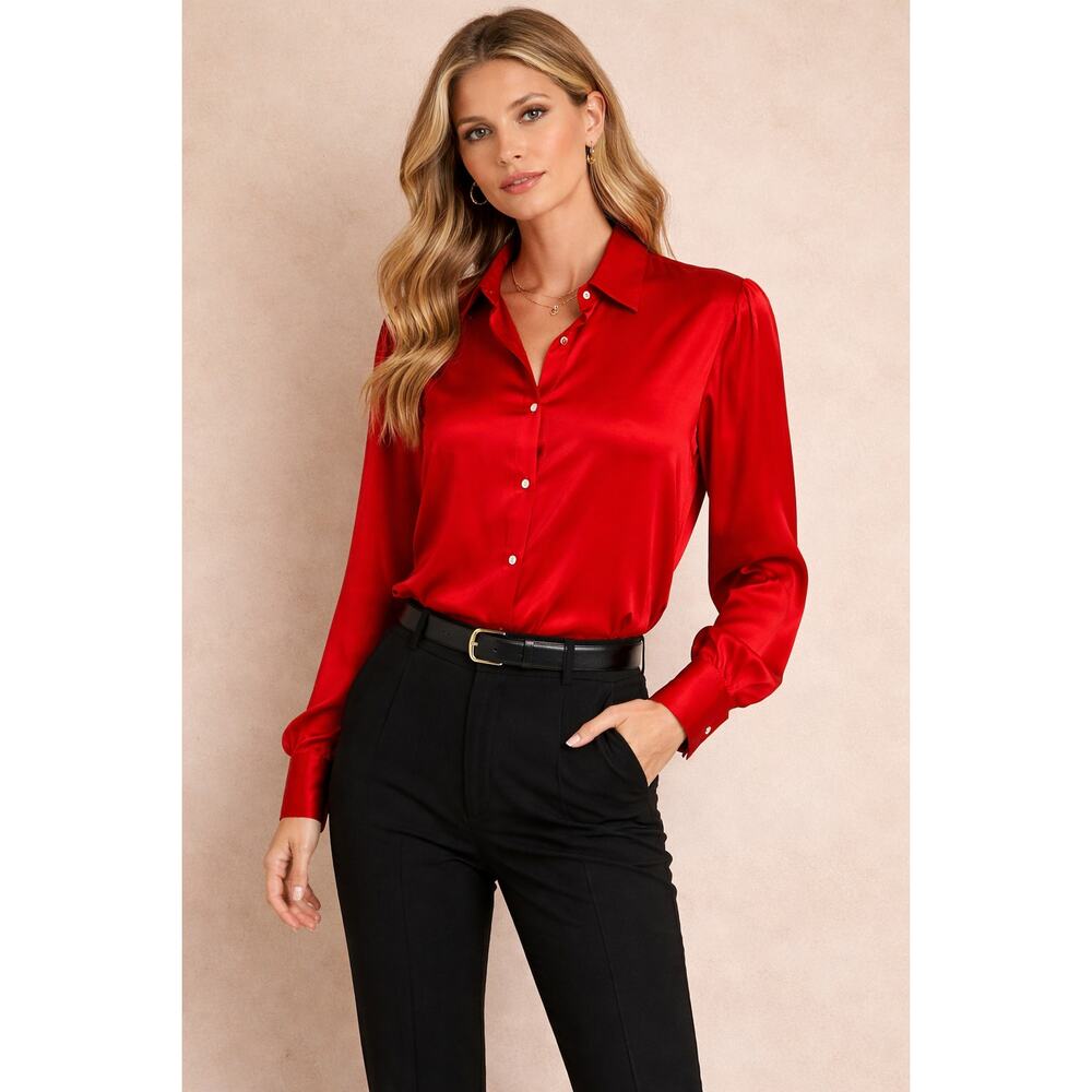 WOMEN’S RED SILK BUTTON FRONT BLOUSE LONG SLEEVE